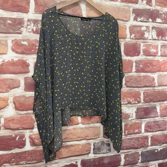 Allen B Schwartz Kimono Top Shirt Women's XL Gray Yellow Birds Sheer Popover - Picture 2 of 8